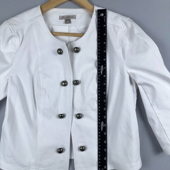 Roz & Ali Cropped Denim Suit Jacket Studded Open Front Womens M Collarless White - Picture 7 of 11